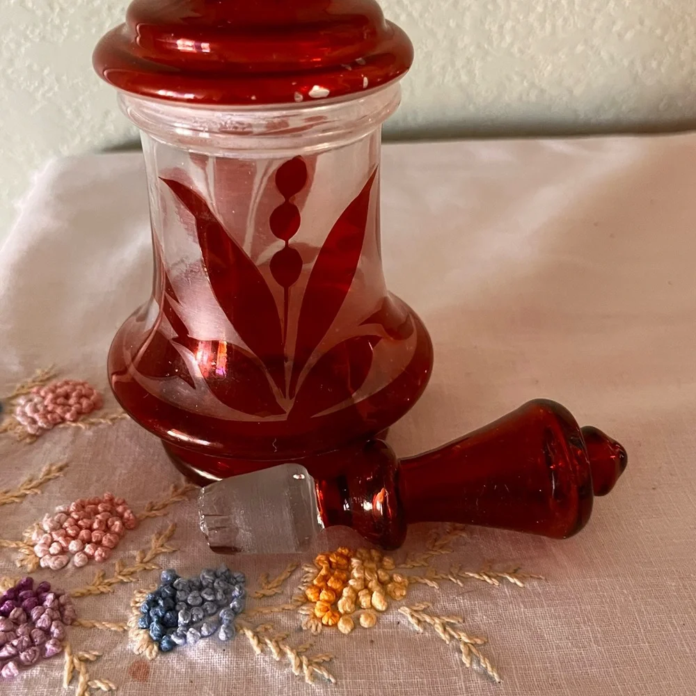 Vintage Ruby Red Decanter with Stopper Bohemian Style Glass Floral Etched Design